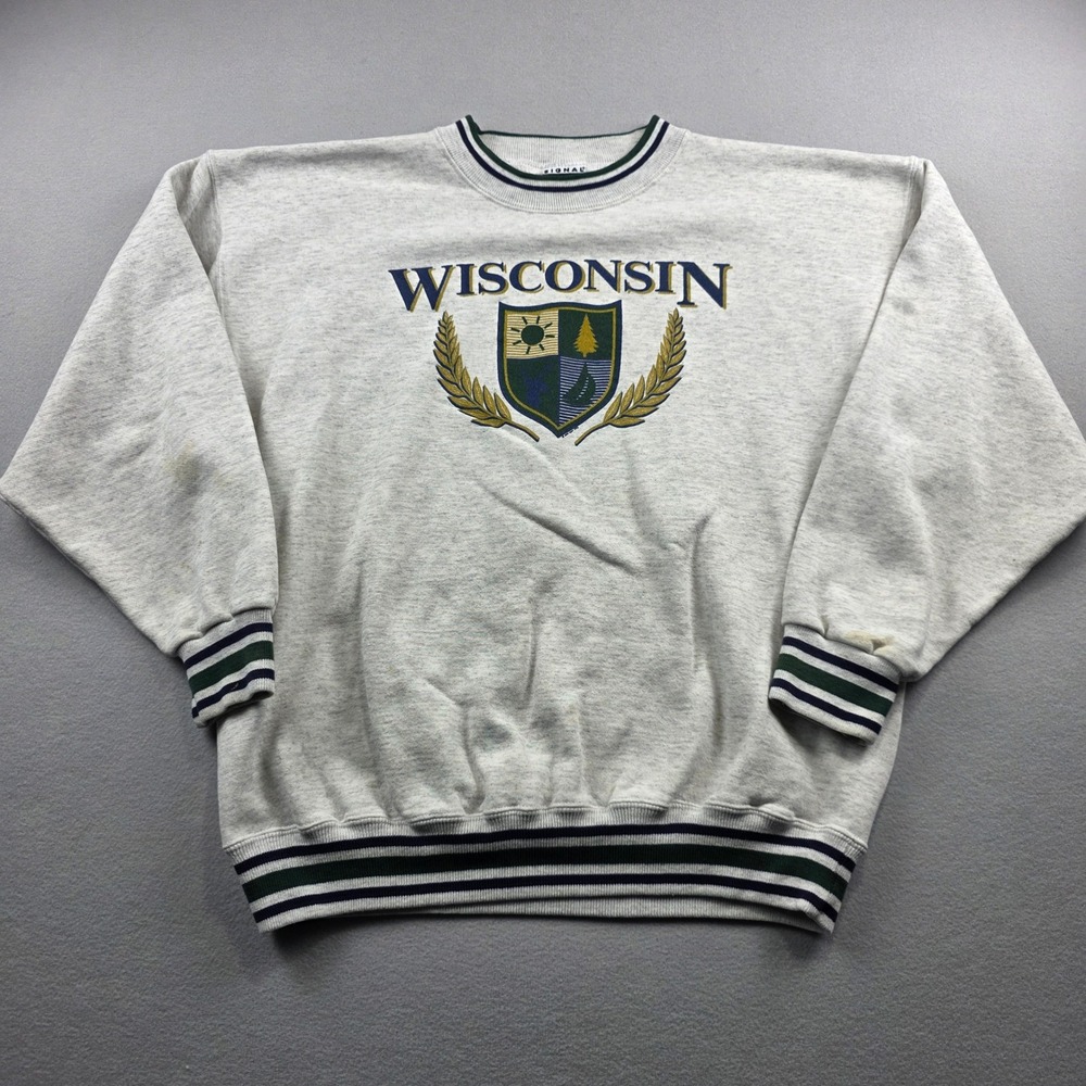 Vintage‎ Signal Sports Wisconsin Sweatshirt XL Heather Grey Striped Trim 90s USA